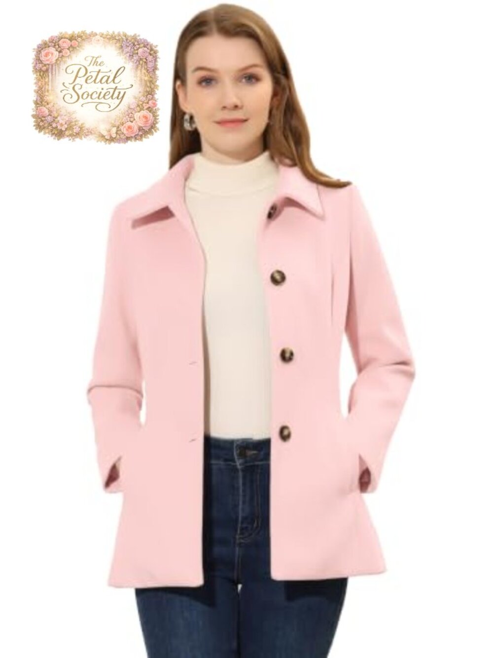Womens Pea Coat Single Breasted Button Front Collared Work Office Overcoat